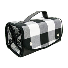 Load image into Gallery viewer, Front view of our Buffalo Check Roll Up Cosmetic Bag