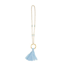 Load image into Gallery viewer, Front view of our Bamboo Light Blue Tassel Necklace