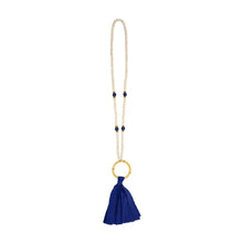 Load image into Gallery viewer, Front view of our Navy Bamboo Tassel Necklace