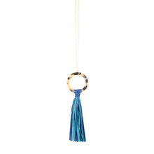 Load image into Gallery viewer, Front view of our Navy Blonde Tortoise Tassel Necklace