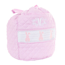 Load image into Gallery viewer, Monogrammed view of our Smocked Pink Bunny Ditty Bag
