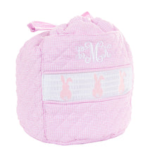 Load image into Gallery viewer, Monogrammed view of our Smocked Pink Bunny Ditty Bag