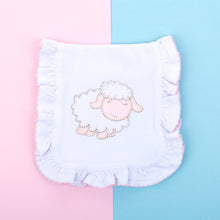 Load image into Gallery viewer, Lifestyle image of our Pink Lamb Ruffle Burp Cloth