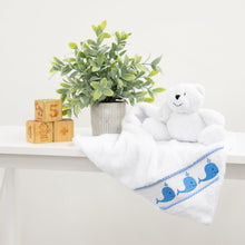 Load image into Gallery viewer, Lifestyle image of our Blue Whale Smocked Minky