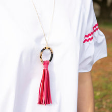 Load image into Gallery viewer, Lifestyle view of our Pink Blonde Tortoise Tassel Necklace