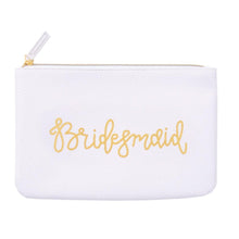 Load image into Gallery viewer, Bridesmaid white zippered pouch, hand lettered in gold