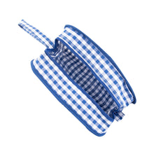 Load image into Gallery viewer, Top view of our Blue Gingham Kentucky Cosmetic Bag