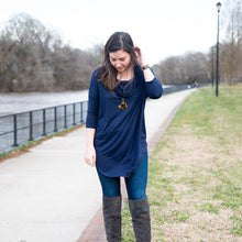 Load image into Gallery viewer, Lifestyle view of our Navy Cowl Neck Slouch Shirt