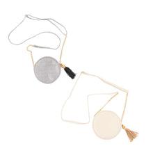 Load image into Gallery viewer, Front view of both of our Bamboo Circle Crossbody Handbags