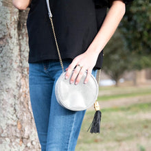 Load image into Gallery viewer, Lifestyle view of our Black Bamboo Circle Crossbody