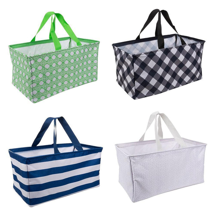 All four styles of Crunch Bins, green bamboo, black check, blue strip and taupe greek key