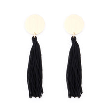 Load image into Gallery viewer, Disc Tassel Earrings in black and gold