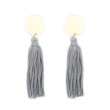 Load image into Gallery viewer, Disc Tassel Earrings in gray and gold