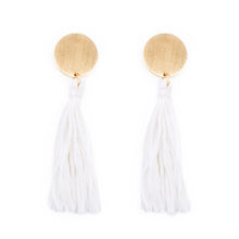 Load image into Gallery viewer, Disc Tassel Earrings in white and gold