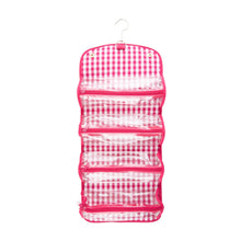 Load image into Gallery viewer, Open View of our Pink Gingham Roll Up Cosmetic Bag