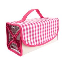 Load image into Gallery viewer, View of our Pink Gingham Roll Up Cosmetic Bag