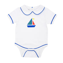 Load image into Gallery viewer, Front view of our Green Sailboat Boy Bubble Onesie
