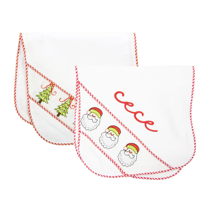 Monogrammed view of our Holiday Smocked Burp Cloth