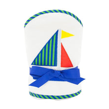 Load image into Gallery viewer, Front view of our Green Sailboat Boy Hooded Towel