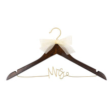 Load image into Gallery viewer, Dark wooden hanger with gold, &quot;MRS&quot; spell in wire across the hanger.  Chiffon Bow
