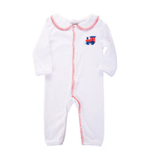 Load image into Gallery viewer, Front view of our Boy Red Train Convertible Onesie
