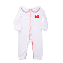 Load image into Gallery viewer, Front view of our Boy Red Train Convertible Onesie