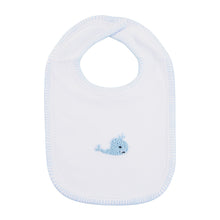 Load image into Gallery viewer, Front view of our Blue Whale French Knot Bib
