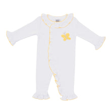 Load image into Gallery viewer, Front view of our Yellow Butterfly French Knot Convertible Onesie
