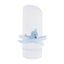 Load image into Gallery viewer, Front view of our Blue Whale French Knot Hooded Towel