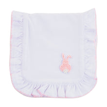 Load image into Gallery viewer, Front view of our Pink Bunny French Knot Burp Cloth