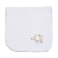 Load image into Gallery viewer, Front view of our Gray Elephant French Knot Burp Cloth