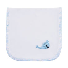 Load image into Gallery viewer, Front view of our Blue Whale French Knot Burp Cloth