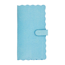 Load image into Gallery viewer, Front view of our Turquoise Lizard Scallop Travel Wallet
