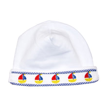Load image into Gallery viewer, Font view of our Navy Boat Smocked Beanie