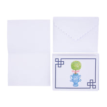 Load image into Gallery viewer, Front view of our Southern Blooms Pink Topiary Note Card Set and envelopes