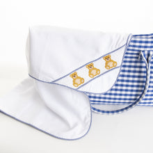 Load image into Gallery viewer, Brown and Navy Bear Smocked Baby Blanket