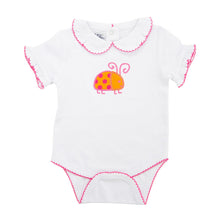 Load image into Gallery viewer, Front view of our Orange Ladybug Girl Bubble Onesie
