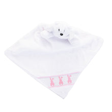 Load image into Gallery viewer, Top view of our Pink Bunny Smocked Minky