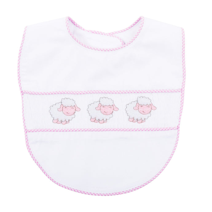 Front view of our Pink Lamb Smocked Bib