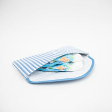 Load image into Gallery viewer, Lifestyle view of our Blue Stripe Vinyl Envelope Pouch