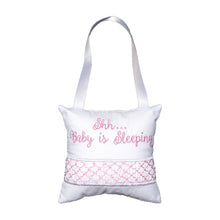 Load image into Gallery viewer, Front view of our Pink Shh Hanging Pillow
