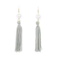 Load image into Gallery viewer, Front view of our Gray Pearl Tassel Earrings
