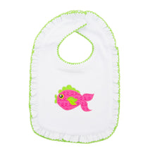 Load image into Gallery viewer, Front view of our Girl Pink Fish Icon Bibs
