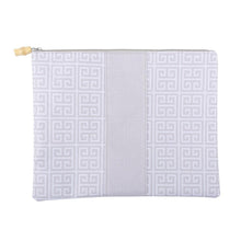 Load image into Gallery viewer, Taupe greek key pouch with bamboo zipper pull