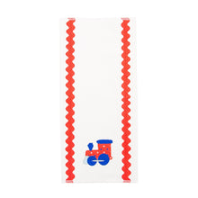 Load image into Gallery viewer, Front view of our Red Train Boy Ric Rac Icon Burp Cloth