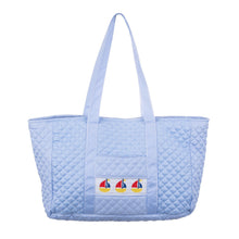 Load image into Gallery viewer, Front view of our Smocked Blue Sailboat Tote Bag
