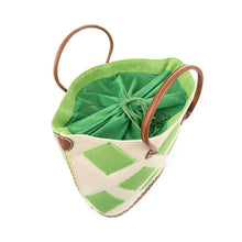 Load image into Gallery viewer, Top view of lime green diamond straw tote, showing the drawstring lining.
