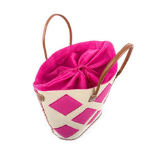 Load image into Gallery viewer, Top view of pink diamond straw tote, showing the drawstring lining.
