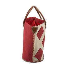 Load image into Gallery viewer, Side view of red diamond straw tote
