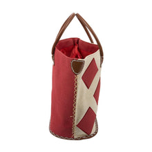 Load image into Gallery viewer, Side view of red diamond straw tote